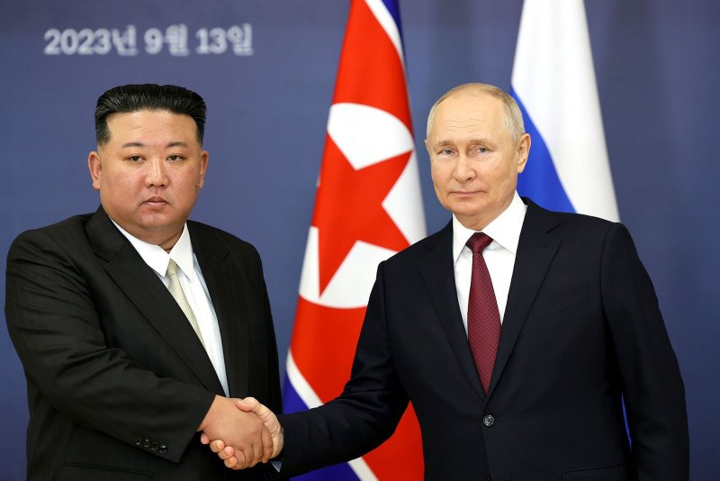 North Korean Leader Kim Jong-un (L) and Russian President Vladimir Putin are pictured during a summit meeting on Sept. 13, 2023. Ukrainian and South Korean intelligence officials say North Korean troops are being deployed by the Russia military for action against Ukraine. File Photo by Kremlin POOL/UPI