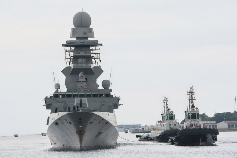 Italian Navy, Italian-French European Multi Mission Frigate (FREMM ), Alpino (F594) arrives at Japan Maritime Self-Defense Force Yokosuka Naval Base in Yokosuka, Kanagawa-Prefecture, Japan on Thursday, August 22, 2024. Photo by Keizo Mori/UPI