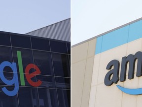 The Google logo, left, is displayed at the company's headquarters in Mountain View, Calif., on July 19, 2016, and the Amazon logo is displayed on the exterior wall of the Amazon OXR1 fulfillment center in Oxnard, Calif., on Aug. 21, 2024. (AP Photo)