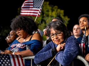 Supporters listen as polling results come in during an election night event for Democratic presidential nominee, U.S. Vice President Kamala Harris at Howard University on November 05, 2024 in Washington, D.C.