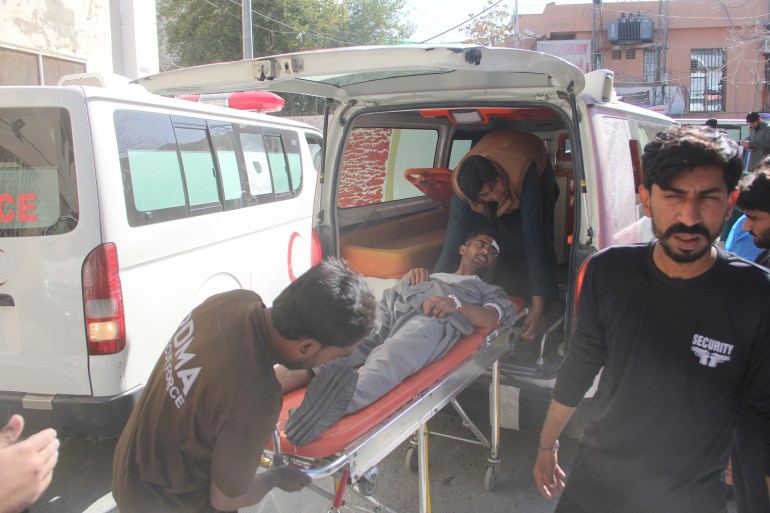 epa11710880 An injured victim of a blast at a railway station is brought to a hospital, in Quetta, the provincial capital of restive Balochistan province, Pakistan, 09 November 2024. An explosion at the Quetta Railway Station early morning has left at least 21 people dead and over 50 injured, with reports indicating a potential suicide bombing as the cause, police said. The blast occurred on the platform as passengers prepared to board the Jaffar Express for Peshawar. Emergency services quickly responded, transporting victims to Civil Hospital Quetta, where an emergency was declared to handle the influx of casualties, including women and children. Balochistan Chief Minister Sarfraz Bugti condemned the attack as a horrific act against civilians and ordered an immediate investigation, while police and bomb disposal teams secured the area for further examination. EPA-EFE/SAMI KHAN