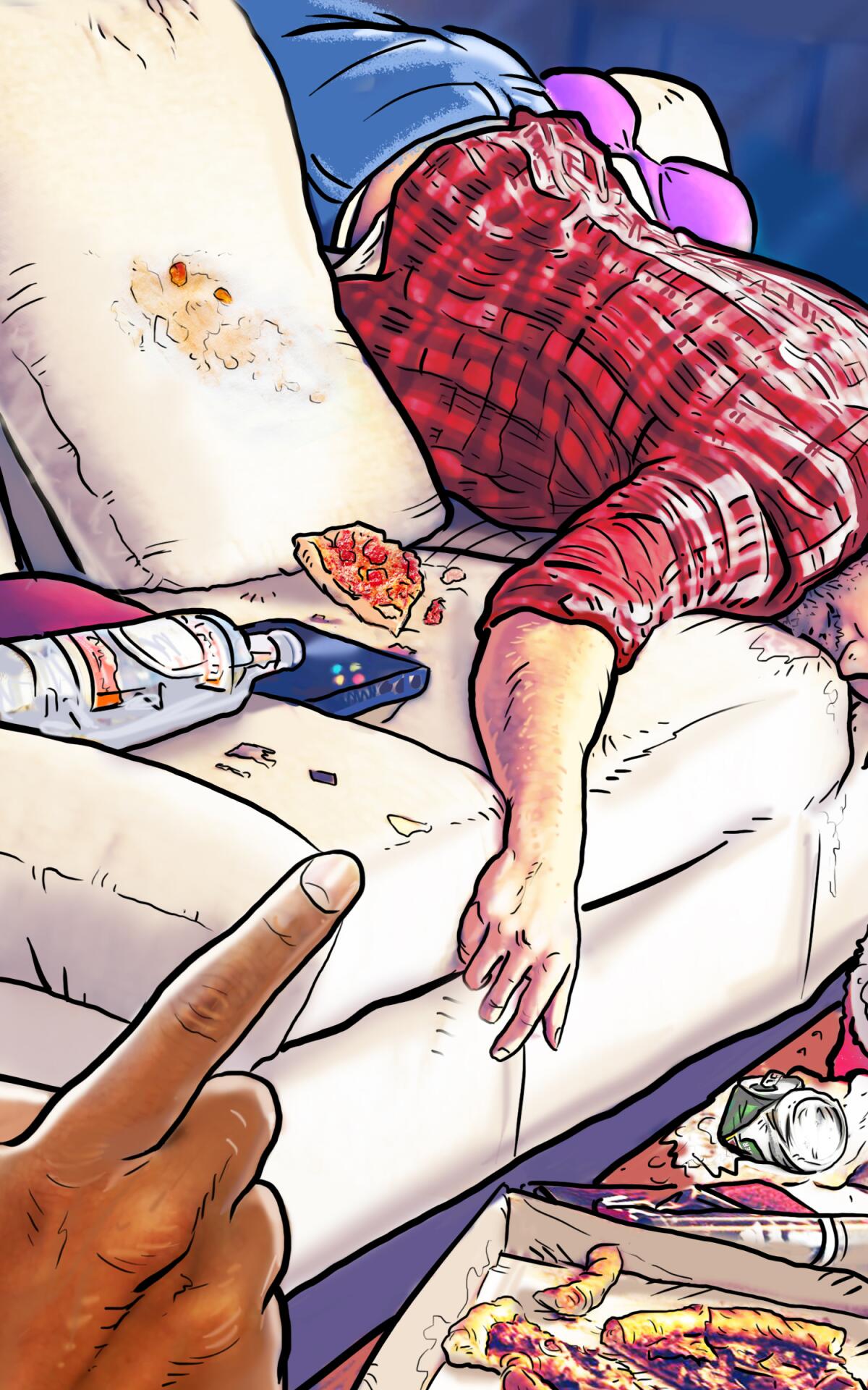 A drawing of a man passed out on a couch near alcohol bottles and pizza, another person's finger wagging at him