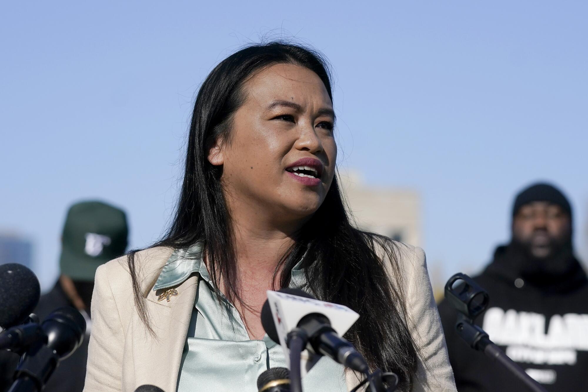 FILE - Oakland Mayor Sheng Thao speaks during a news conference at Laney