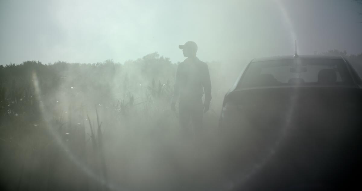 A person stands next to a car in a lens flare.