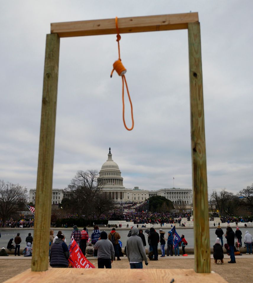 A noose is seen on makeshift gallows during the January 6 riot