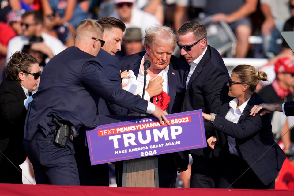 Trump pictured covered in blood as he's helped off the stage by Secret Service agents in Butler