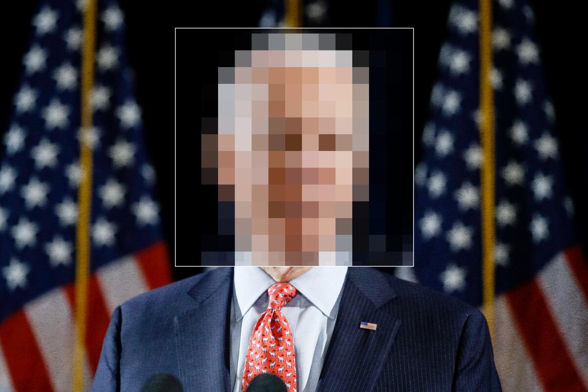 Photo of Joe Biden with a pixelated head inside a thin white box