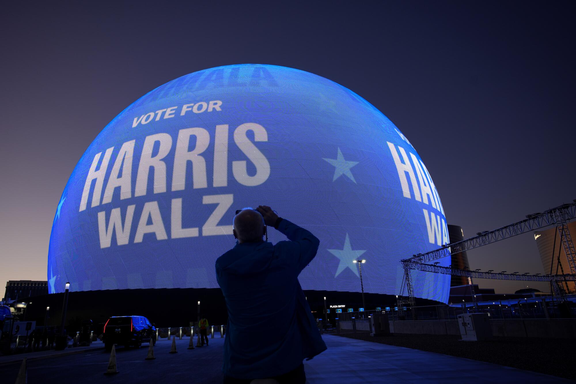 An ad for Vice President Kamala Harris is displayed on the Sphere in Las Vegas. 