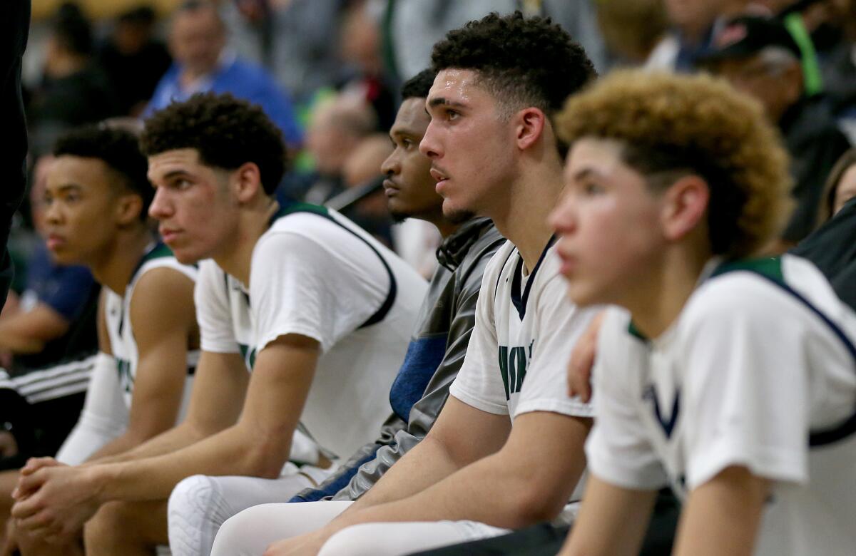 The three Ball brothers in 2016 at Chino Hills: Lonzo (left), LiAngelo and LaMelo.