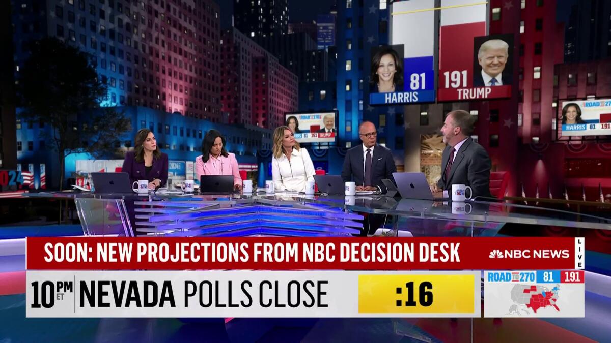 Hallie Jackson, Kirsten Welker, Savannah Guthrie, Lester Holt and Chuck Todd during NBC News' 2024 election coverage.