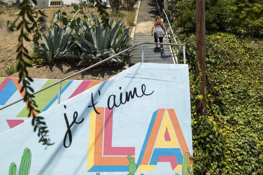 LOS ANGELES, CA - JULY 08: (9. SWAN STAIRS Walk #25). The Swan Stairs zig-zag up the hillside from Westerly Terrace to Swan Place in Silver Lake. Photographed at Swan Stairs on Friday, July 8, 2022 in Los Angeles, CA. (Myung J. Chun / Los Angeles Times)