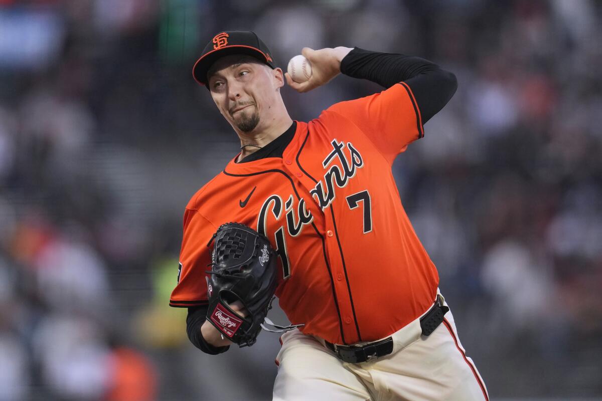 Giants pitcher Blake Snell works against the Diamondbacks during a game in April.