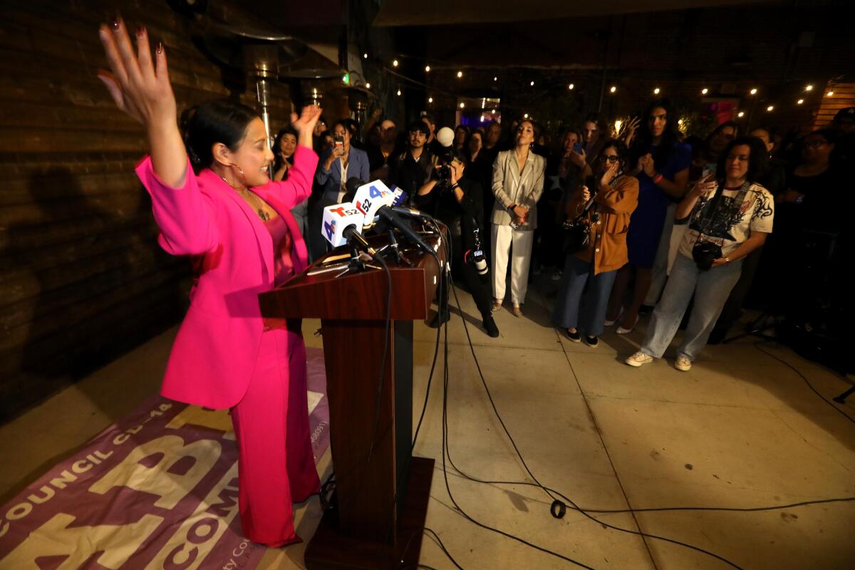 Ysabel Jurado gives an upbeat speech to supporters at her election night party in Highland Park.