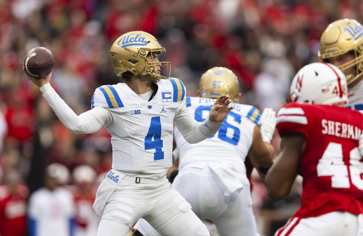 UCLA quarterback Ethan Garbers throws against Nebraska during the first half