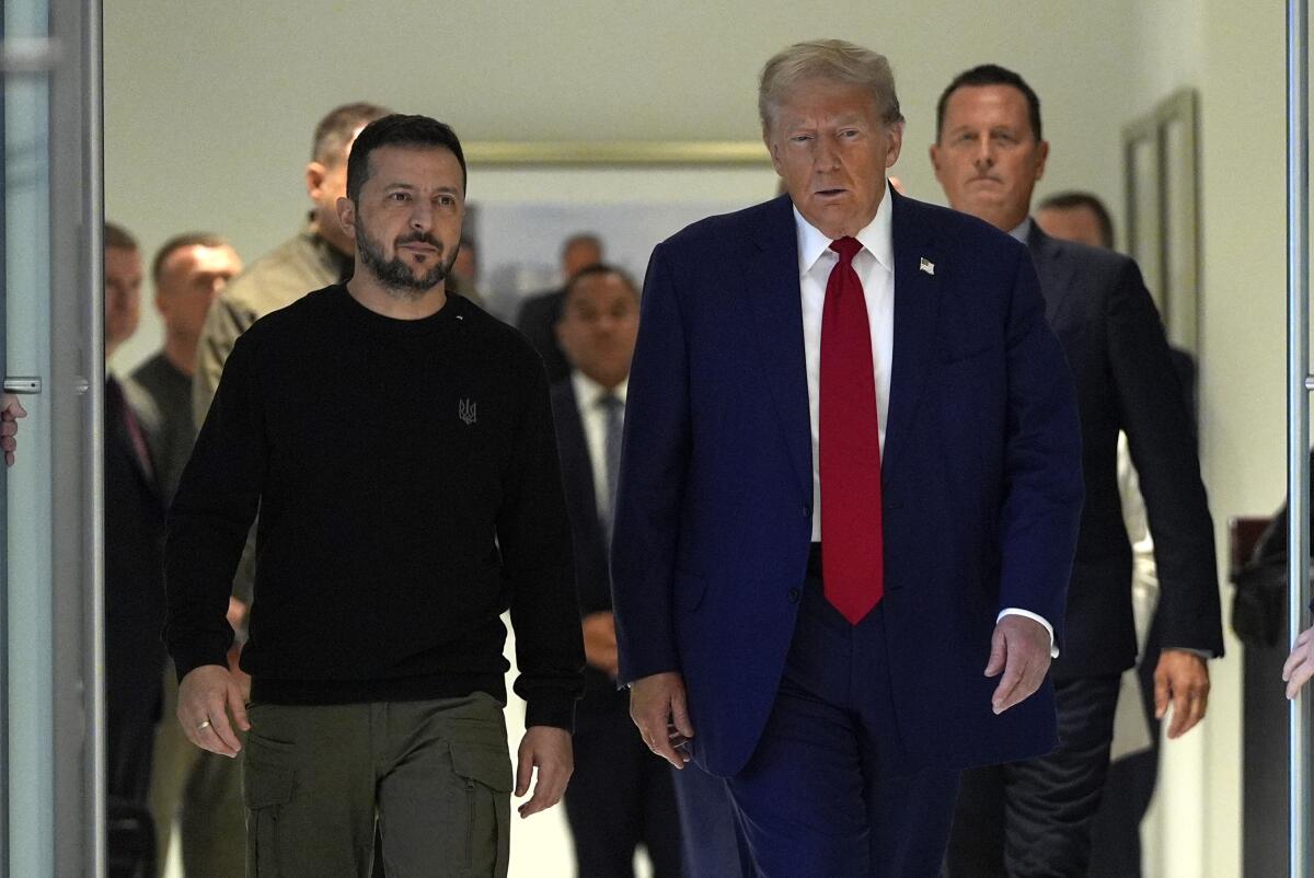 Ukrainian President Volodymyr Zelensky walks with then-candidate Donald Trump. 