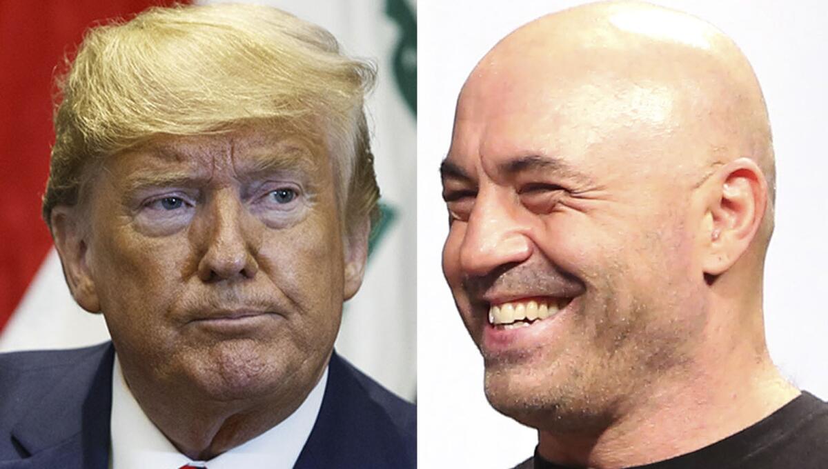 Separate headshots of former President Trump and podcaster Joe Rogan