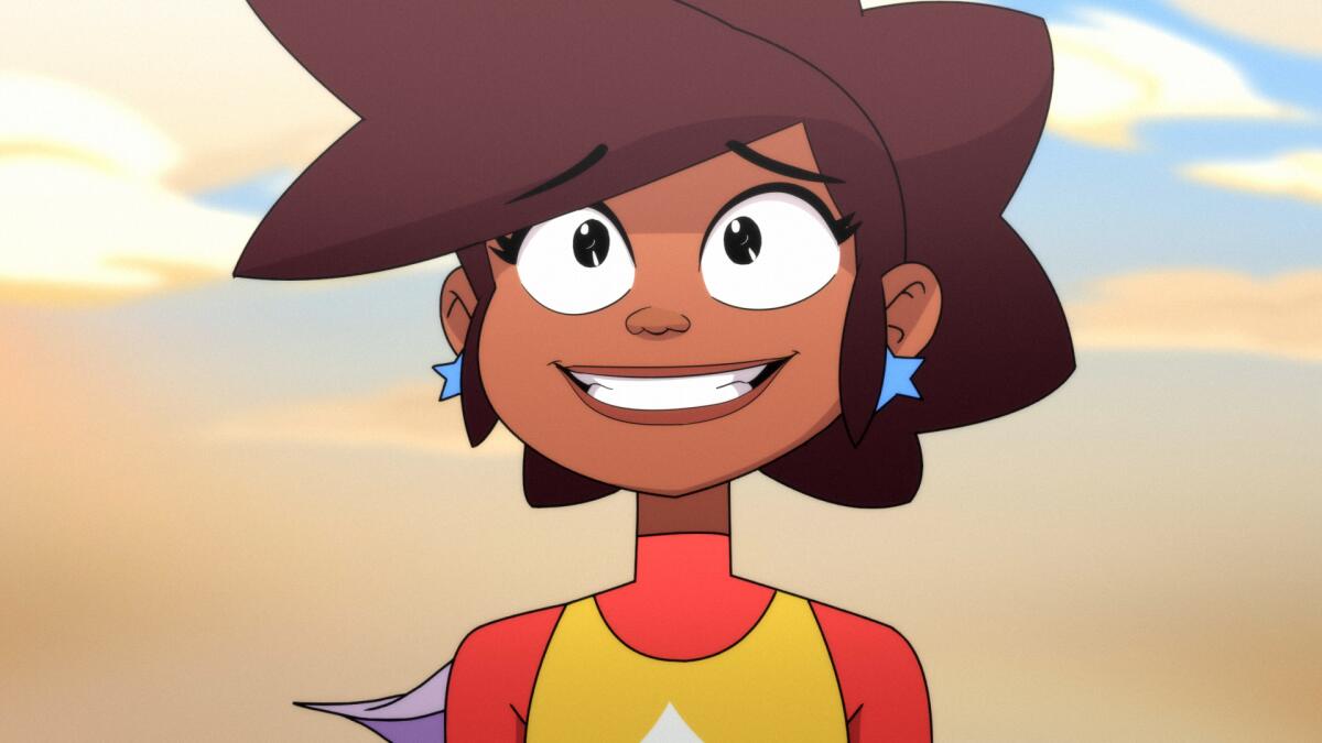 A cartoon of a young girl in a superhero outfit with star earrings.