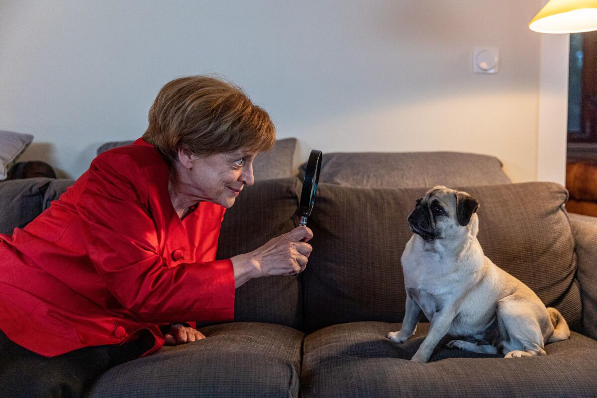 A woman in a red blazer looks through a magnifying glass at a dog.