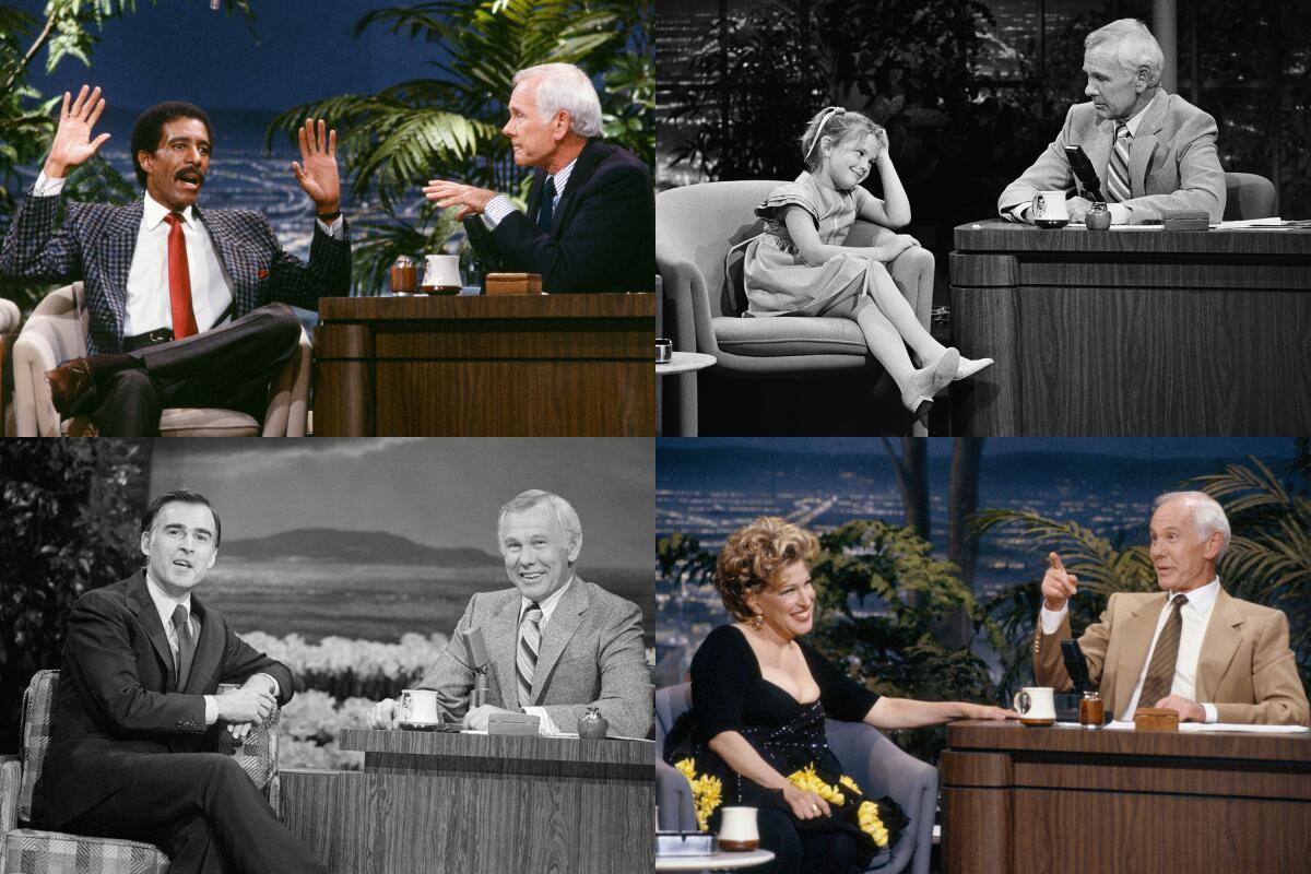 A grid of four photos of Johnny Carson with guests on the Tonight Show