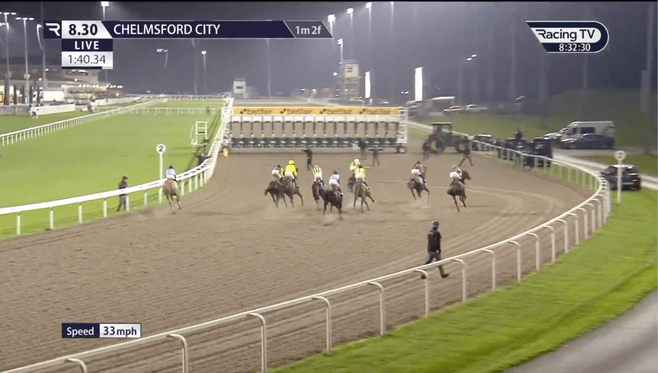 Race overseers had to jump onto the track to wave hazard flags and stop the approaching pack