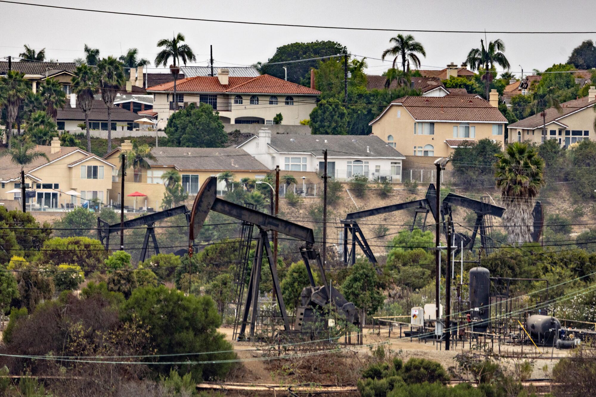 Homes overlook a field of oil pumpjacks. 