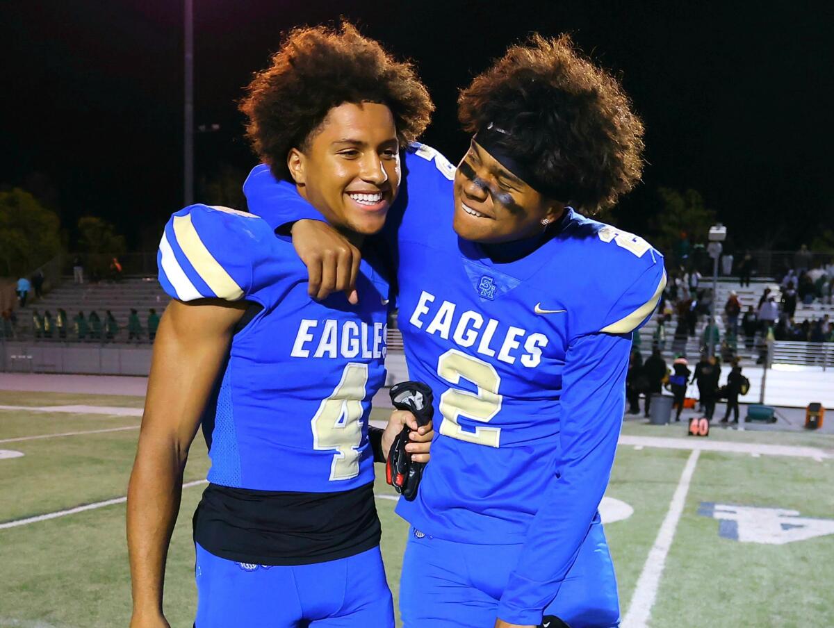 Receivers Jonah Smith (left) and Trent Mosley of Santa Margarita.