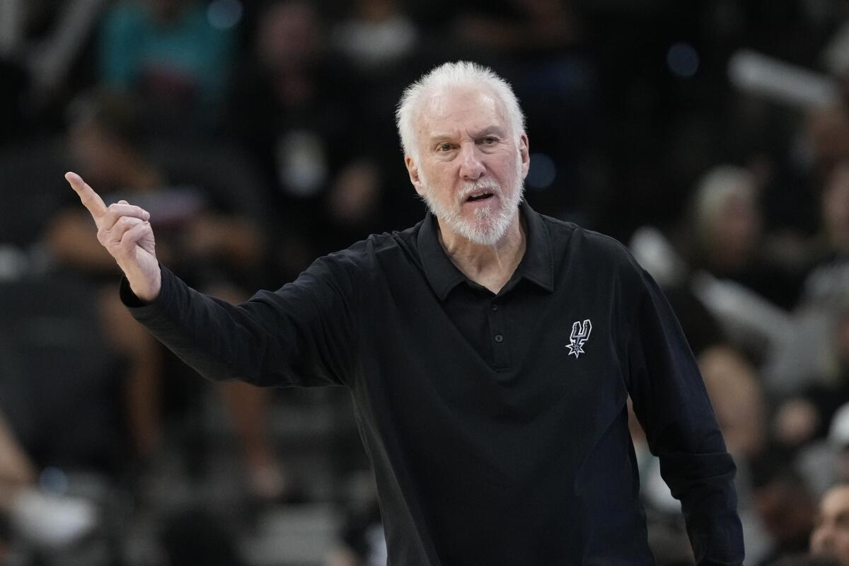 Spurs coach Gregg Popovich reacts on the sideline during a game