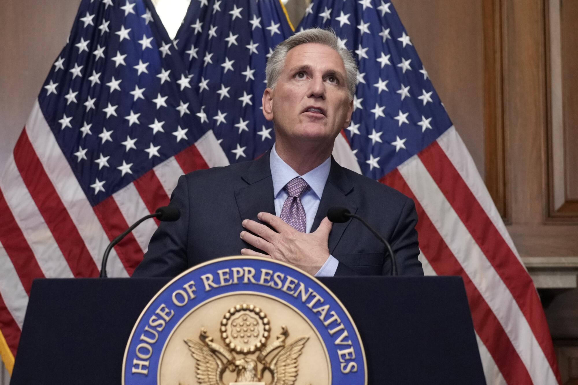 Then-Rep. Kevin McCarthy (R-Bakersfield) speaks to reporters hours after he was ousted as House speaker in 2023.