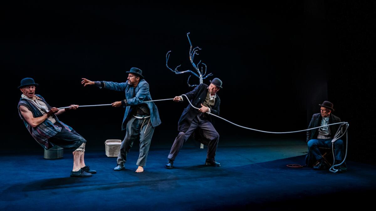 Adam Stein, from left, Aasif Mandvi, Rainn Wilson and Conor Lovett in "Waiting for Godot" at Geffen Playhouse.