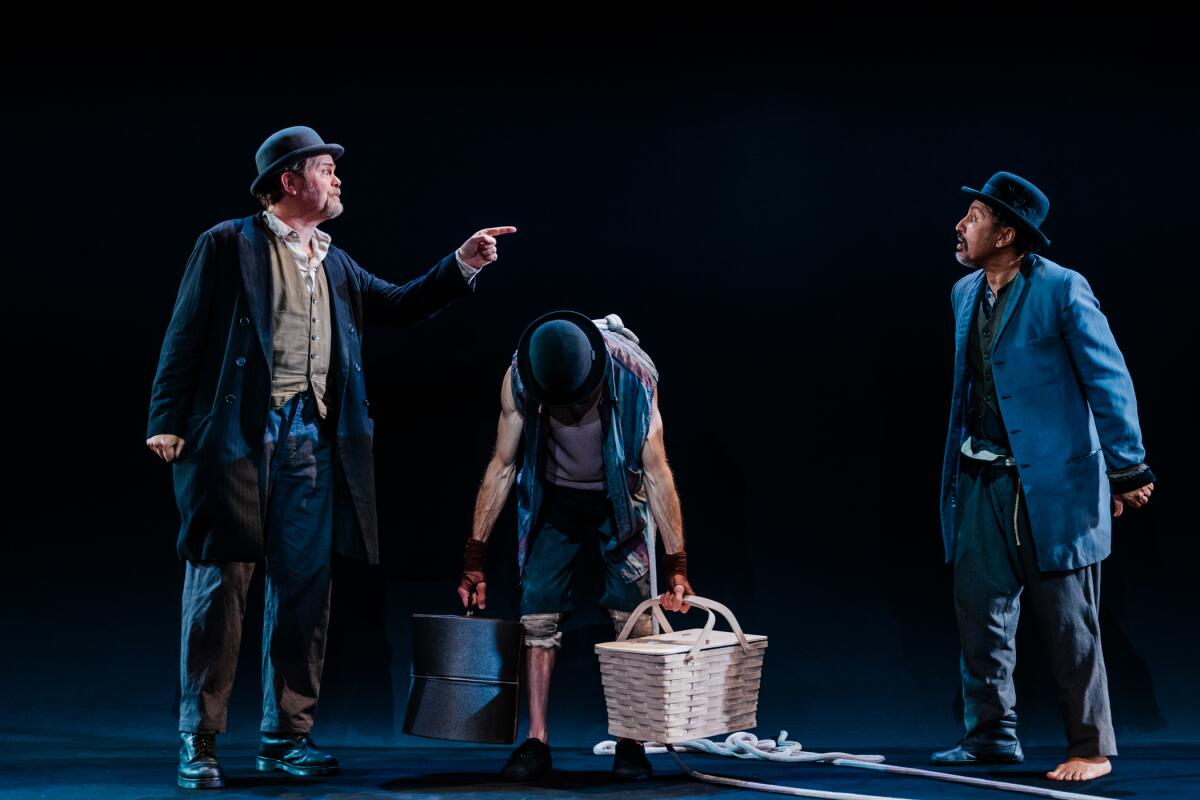 Rainn Wilson, from left, Adam Stein and Aasif Mandvi in "Waiting for Godot" at Geffen Playhouse.