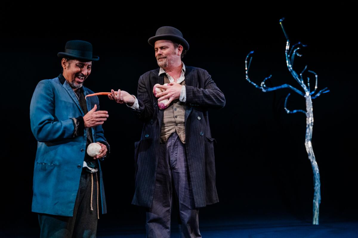 Aasif Mandvi, left, and Rainn Wilson in "Waiting for Godot" at Geffen Playhouse, directed by Judy Hegarty Lovett.