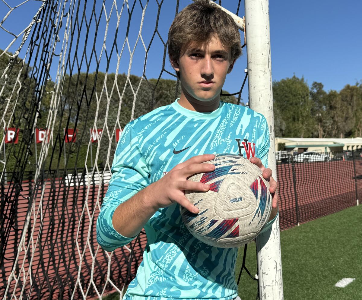 Standout sophomore goalkeeper Jackson Friedman of Harvard-Westlake wearing his colorful jersey.