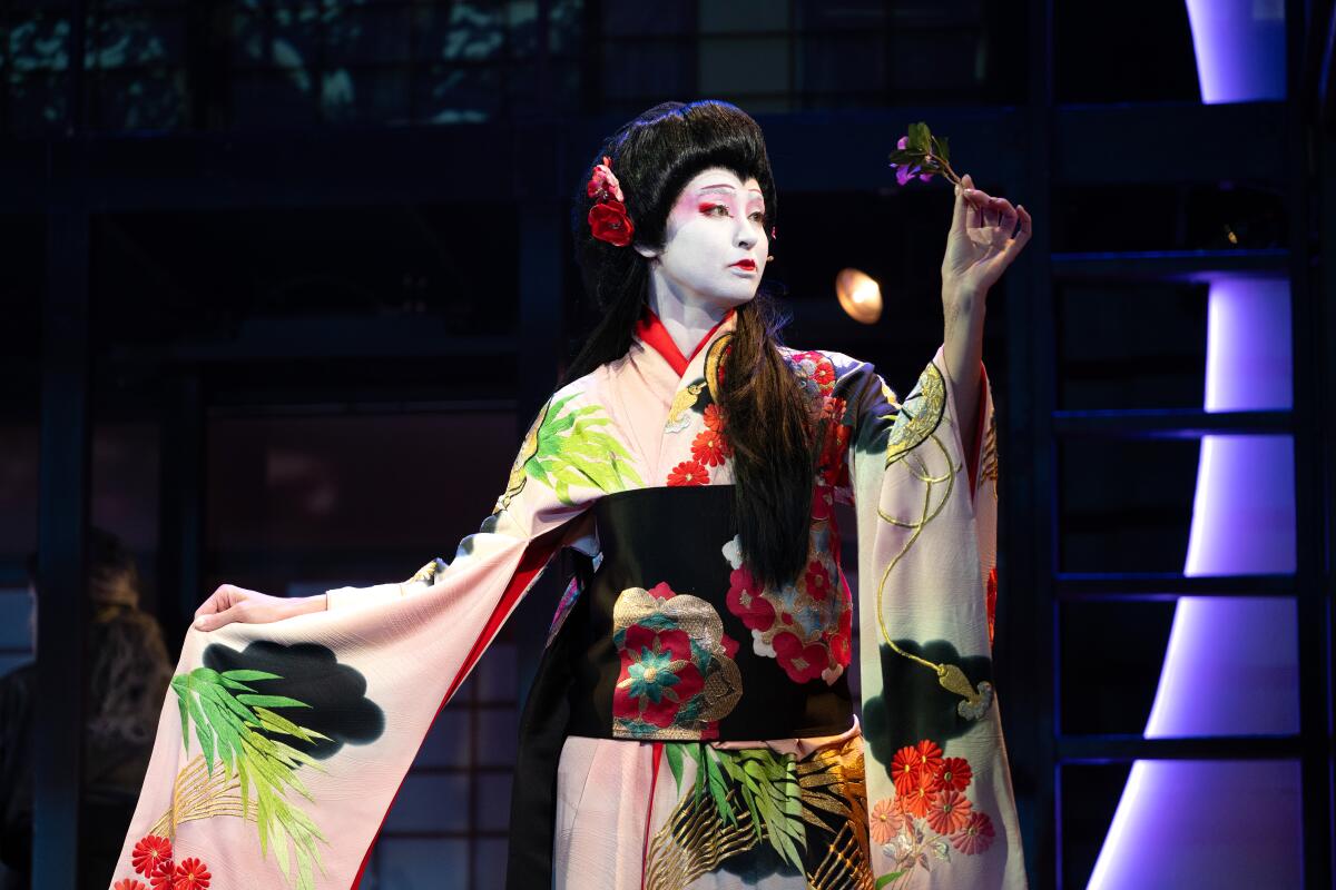 Ashley En-fu Matthews in traditional kimono and white face makeup in "Pacific Overtures"