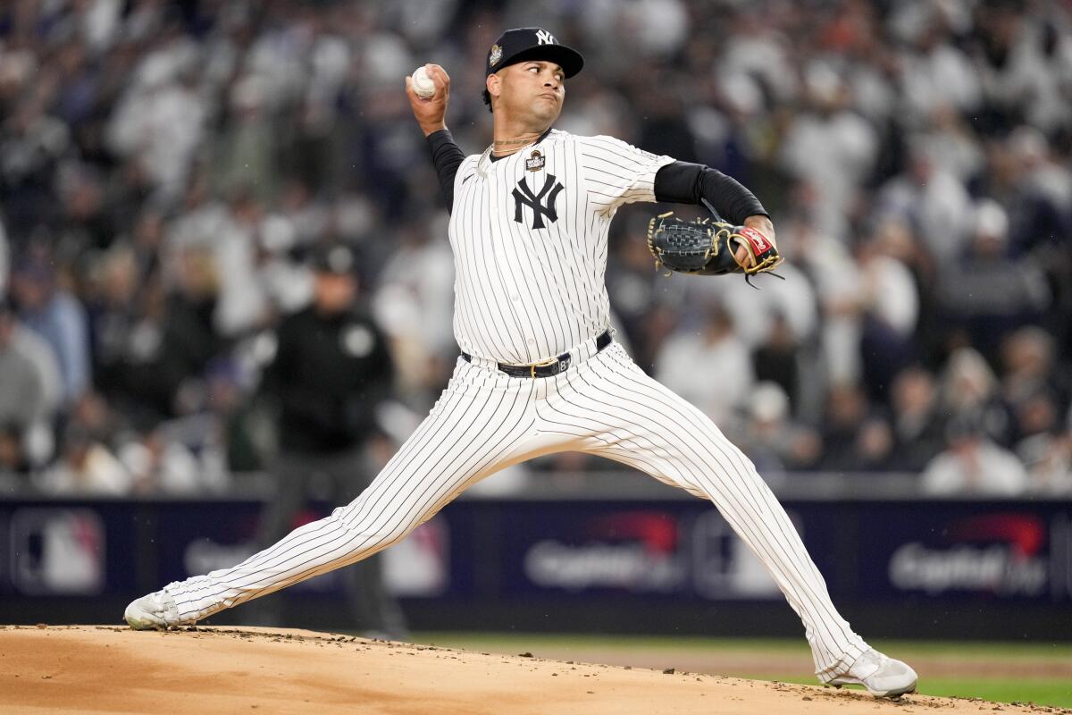 New York Yankees pitcher Luis Gil throws against the Dodgers in Game 4 of the World Series on Oct. 29.