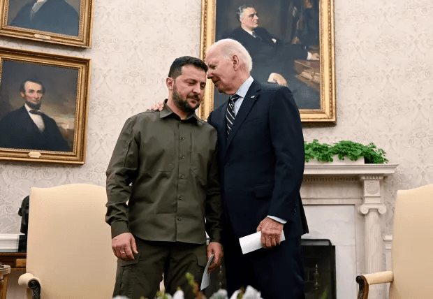 Zelensky, pictured with Joe Biden, has been given permission to use American missiles to strike Russia