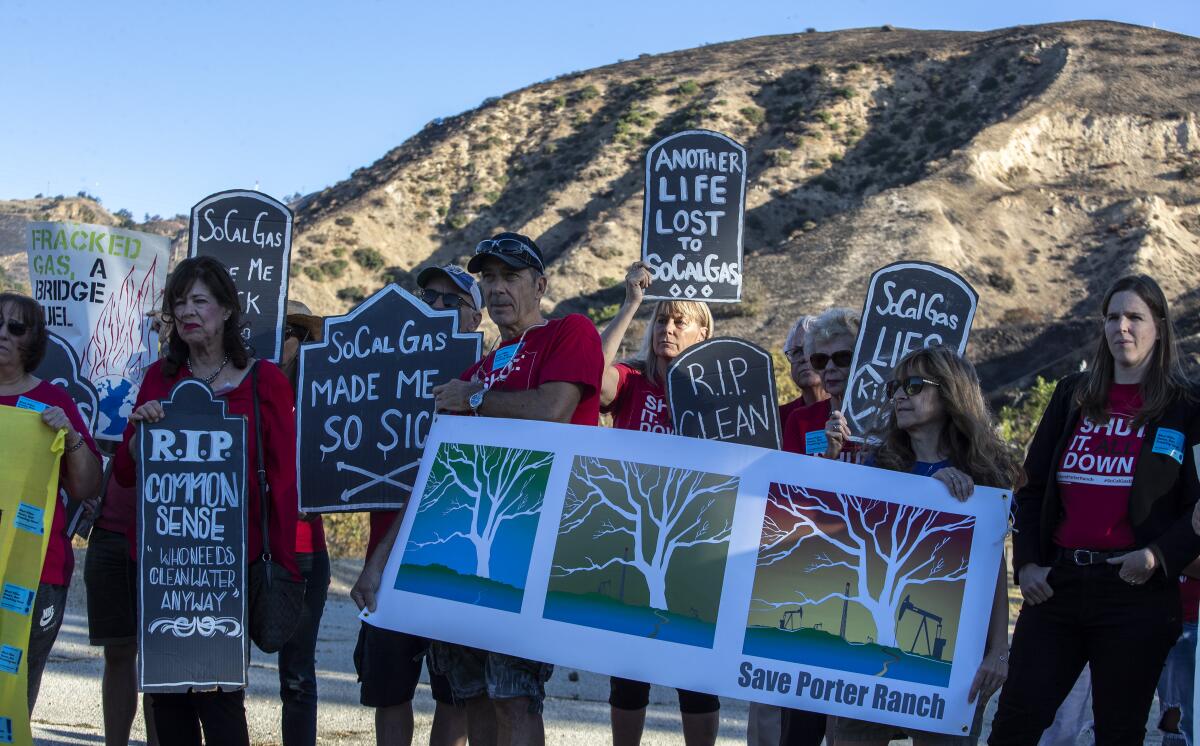 San Fernando Valley residents hold a rally near the entrance of the Aliso Canyon gas storage field in 2019.