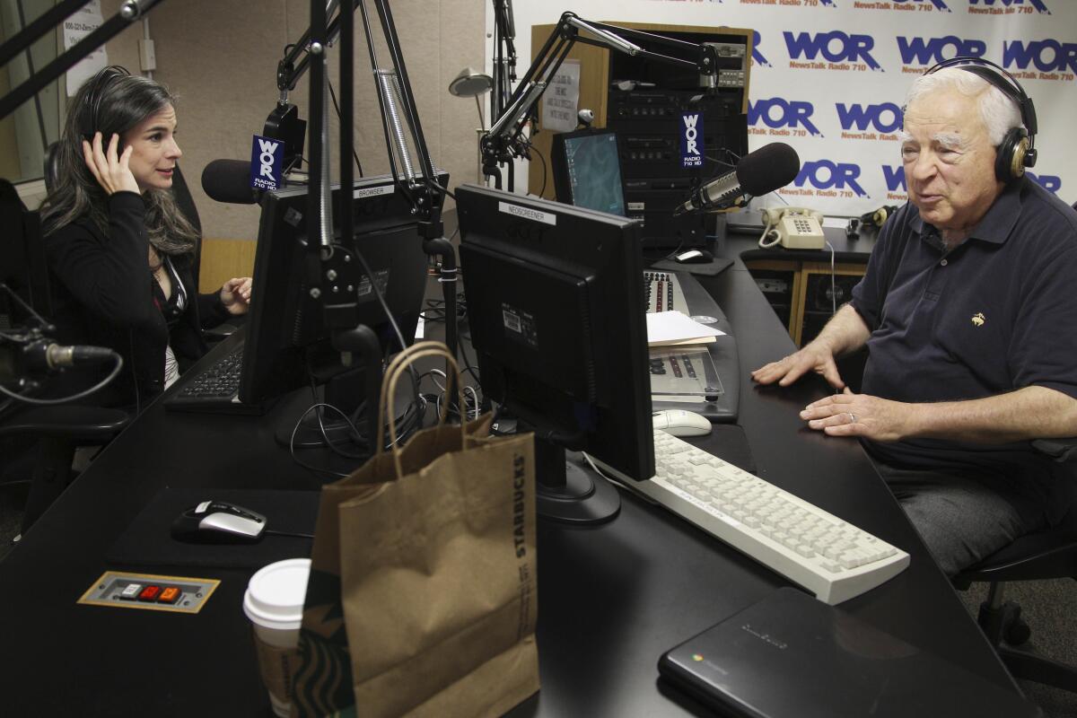  Arthur Frommer, 83, and his daughter, Pauline Frommer, 46, prepare for their radio show.