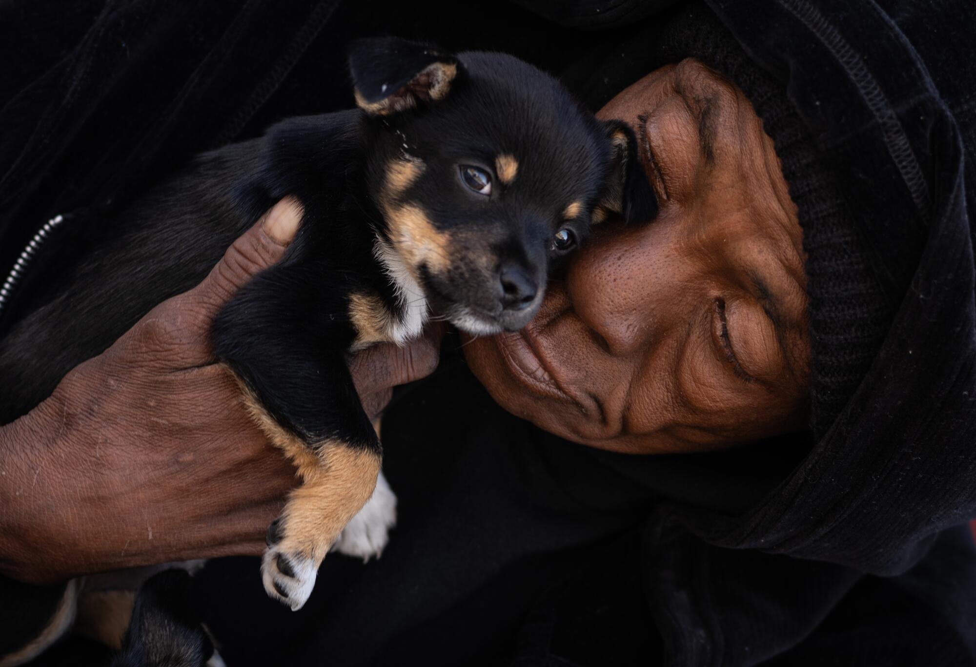 Jackie Simms holds a small black-and-tan pup on a sidewalk in Fresno.