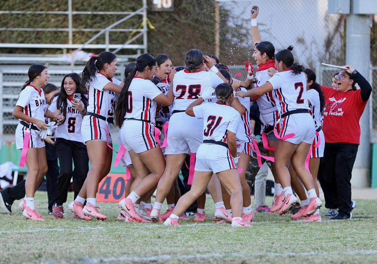 Banning players celebrate their victory over Eagle Rock in the City Open Division semifinals Wednesday.