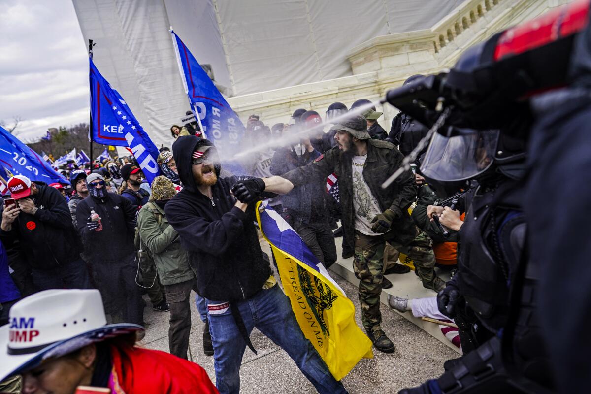 A crowd, some holding blue flags, facing people in dark uniform and face shields as a blast of gas is deployed