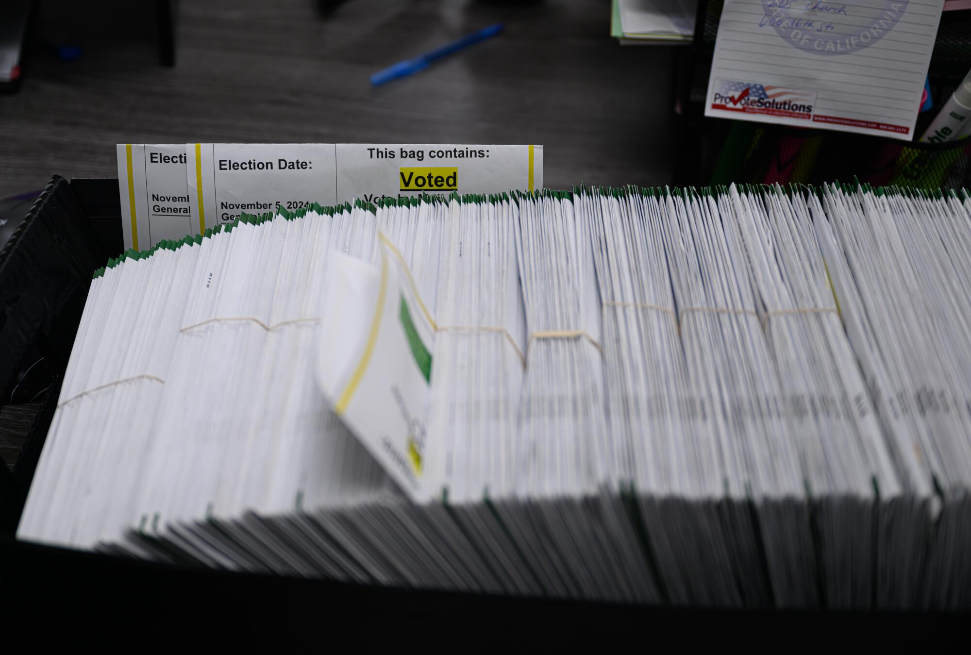 Ballots ready for processing at the Lake County registrar's office in Lakeport.