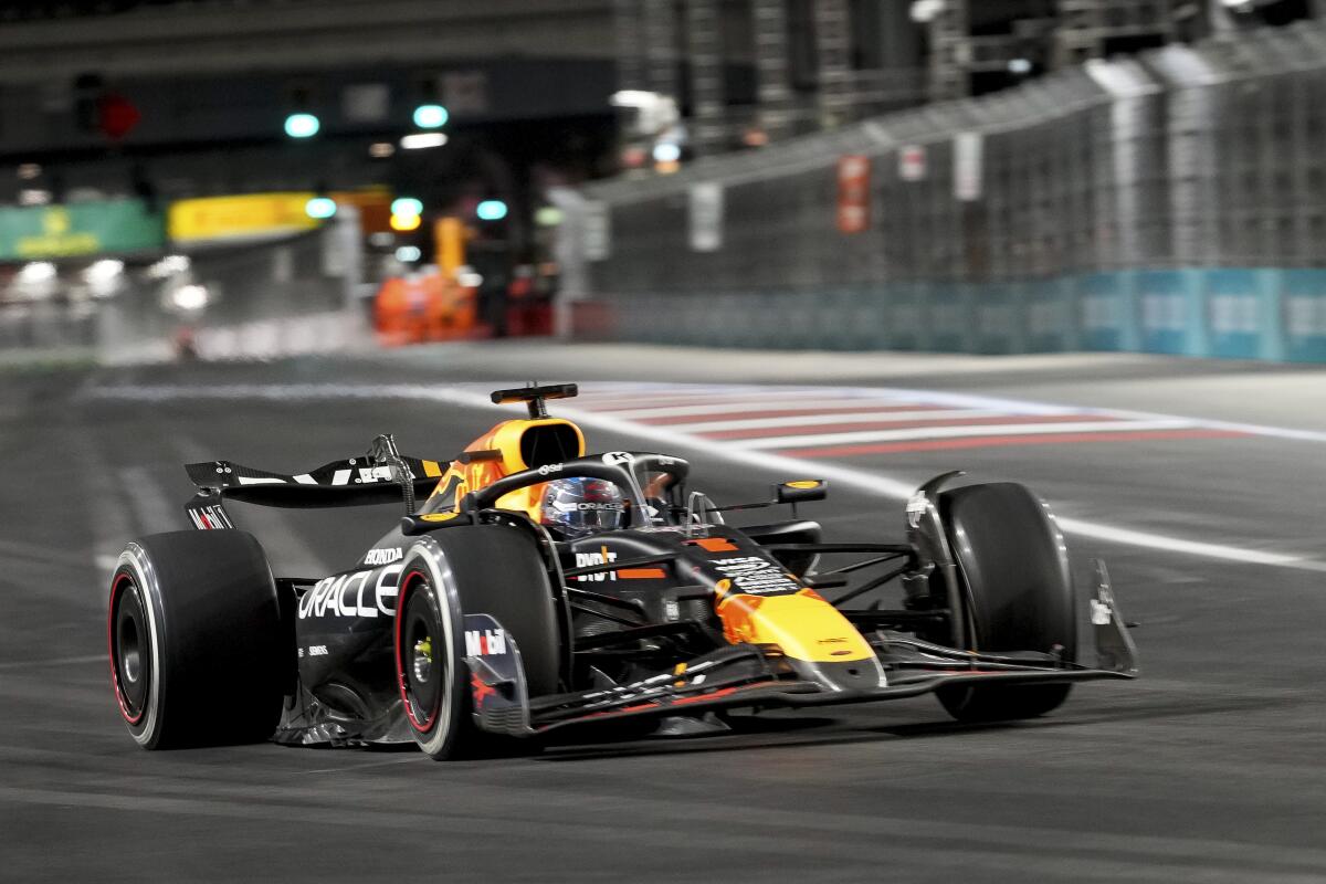 Red Bull driver Max Verstappen races during the Las Vegas Grand Prix on Saturday.