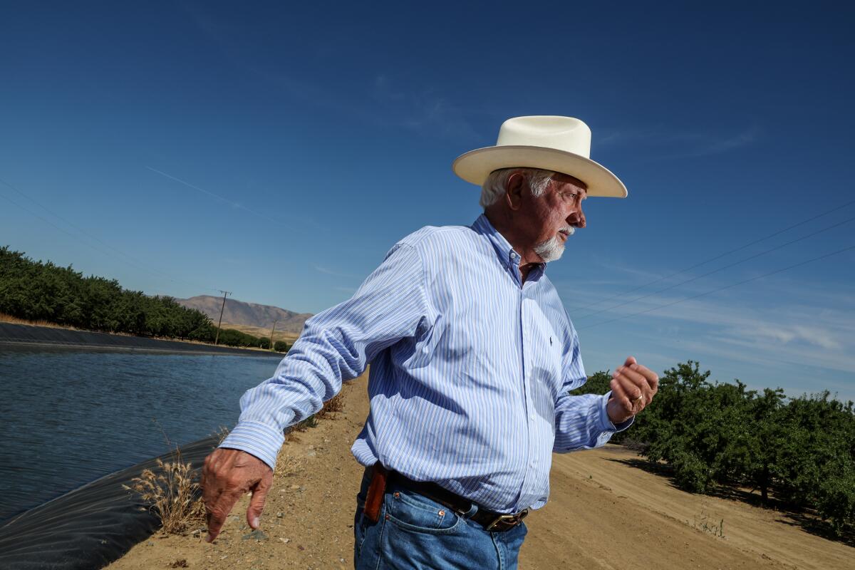 Farmer Joe Del Bosque stands near a canal on his land.