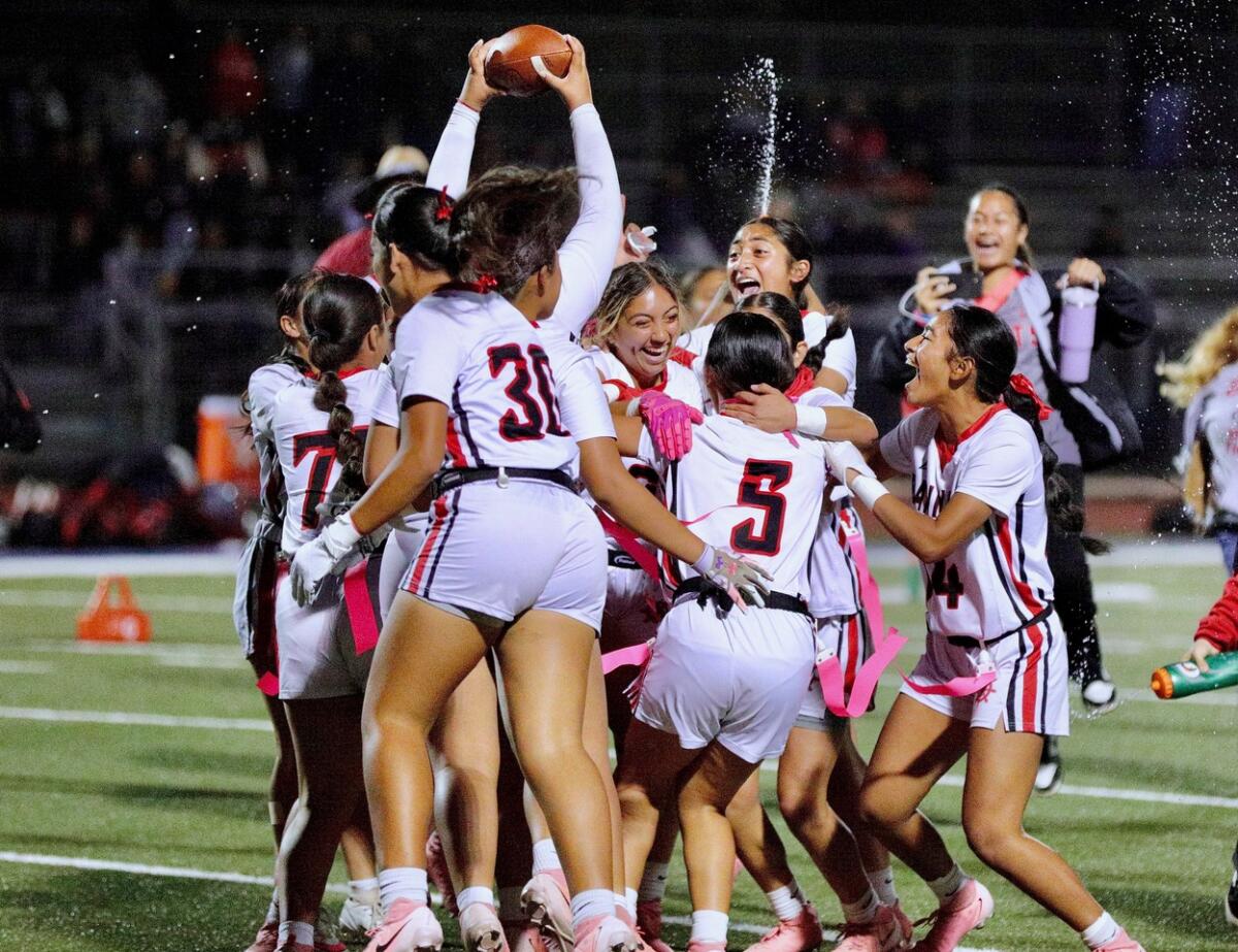 Banning celebrate after defeating top-seeded San Pedro in overtime for the City Section Open Division flag football title.