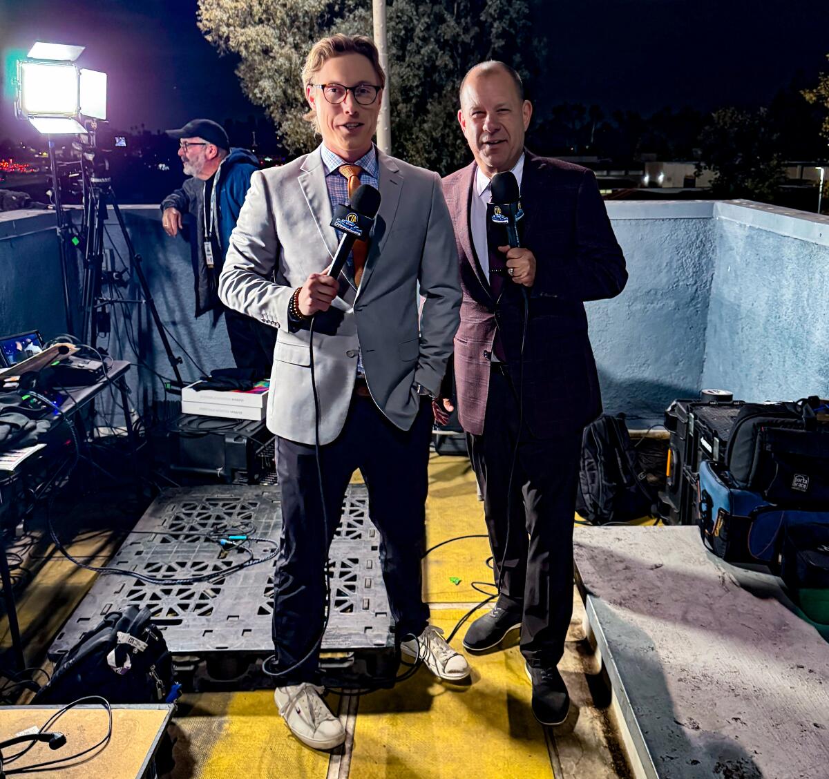 Cooper Perkins and Tony Moskal prepare for broadcast of Mission Viejo vs. Corona Centennial football game on FanDuel Network.