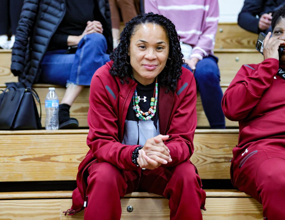 South Carolina coach Dawn Staley dropped by Harvard-Westlake on Saturday.