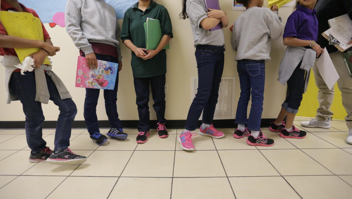 A line of people, their faces not shown, some holding folders, standing along a wall