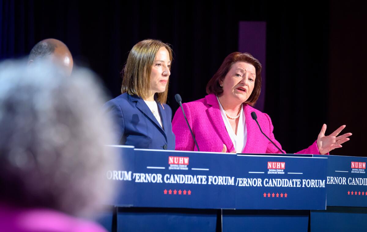 State Sen. Toni Atkins speaks during a Governor Candidate Forum in San Francisco alongside Lt. Gov. Eleni Kounalakis.