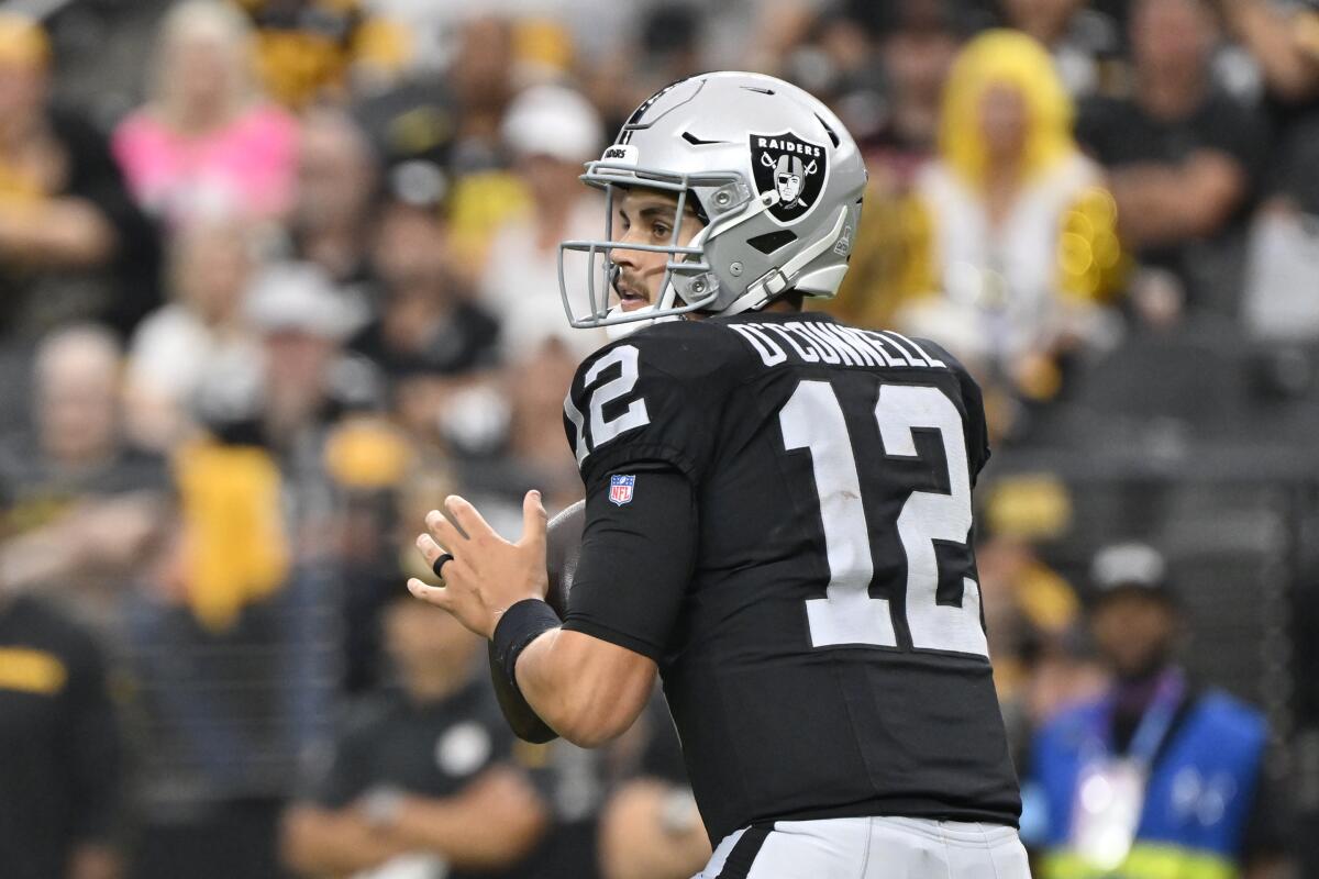 Raiders quarterback Aidan O'Connell prepares to throw.