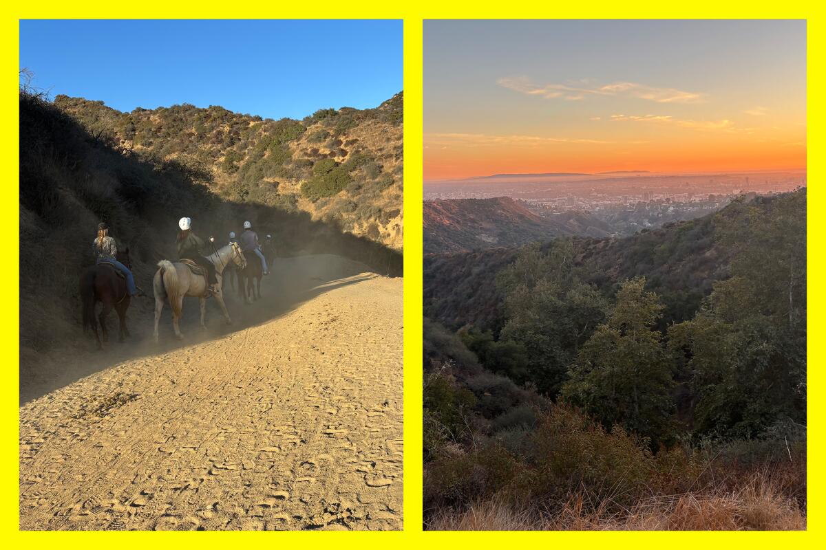 L: Horse riders seen as you head up the trail to the Hollywood sign. R: A sunset view from the trail in Griffith Park.